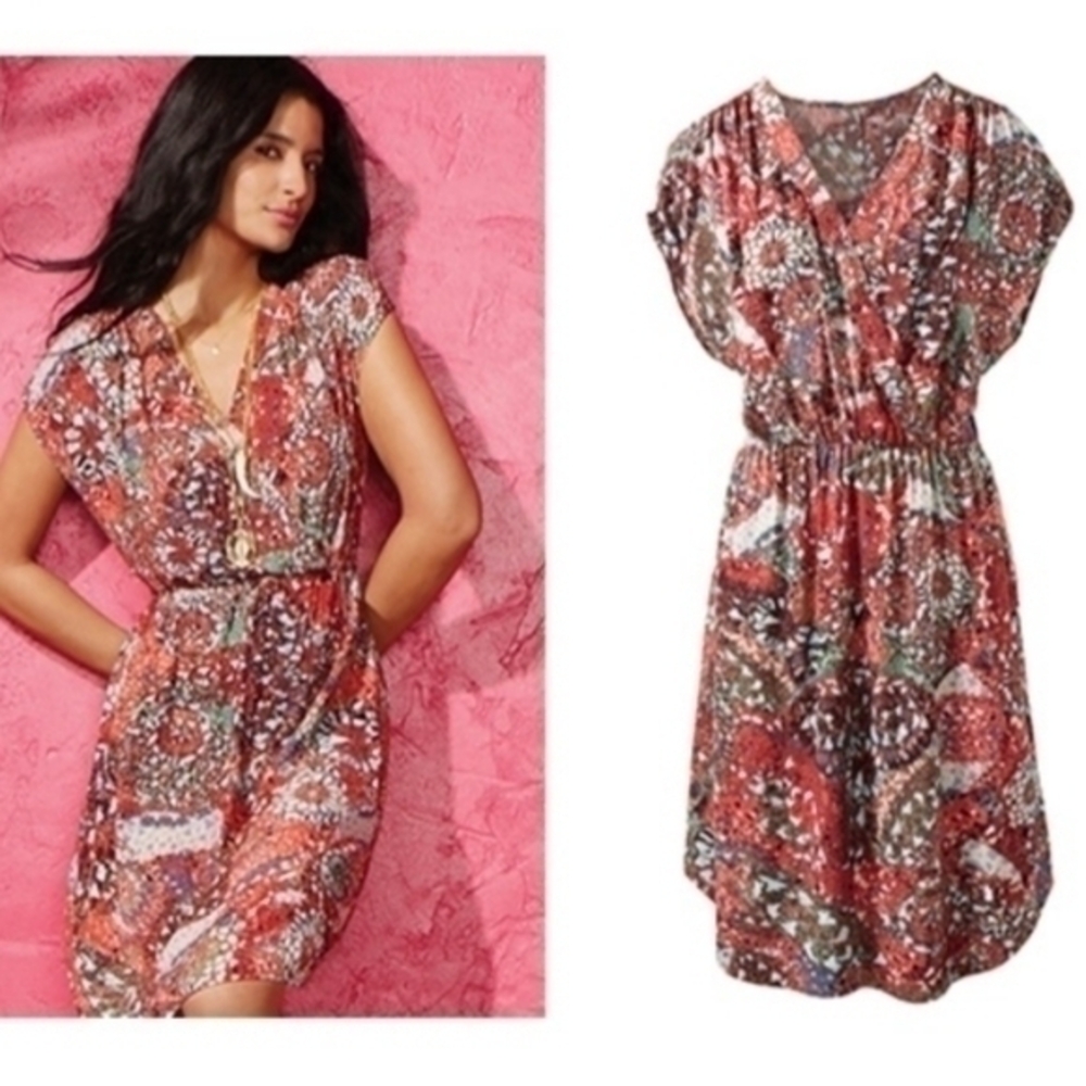 CAbi St Barths Tropical Mosaic Wrap Dress Red White Style 862